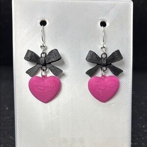 Pink Heart Earrings with Black Bow